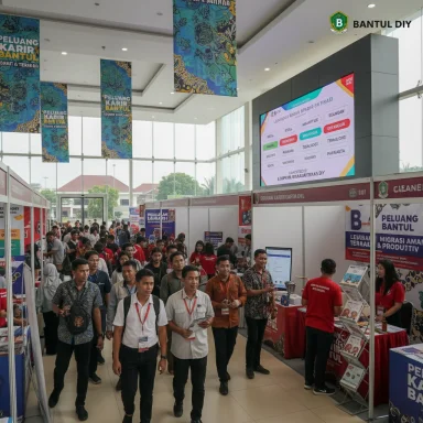 Crowded exhibition hall in Bantul DIY with booths, banners, and attendees. Crowded exhibition hall in Bantul DIY with booths, banners, and attendees.