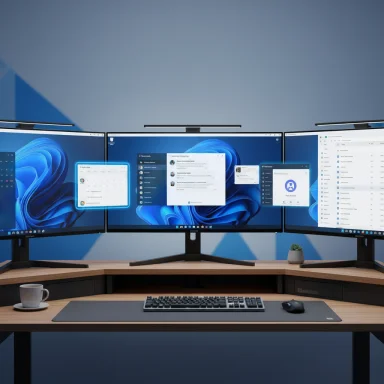 Quad-monitor workstation on a wooden desk, showing Windows desktop with keyboard, mouse, plant, and coffee mug.