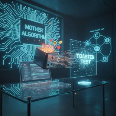 A futuristic lab scene with a floating toaster above a laptop and a holographic “Toaster Test” display.