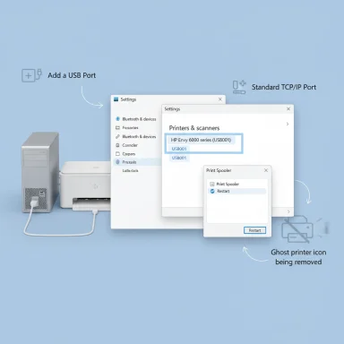 Windows printer setup: add a USB port, select HP Envy, and remove the ghost printer icon.