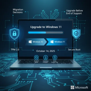 Promotional graphic showing Windows 10 to 11 upgrade with security shields and tools.