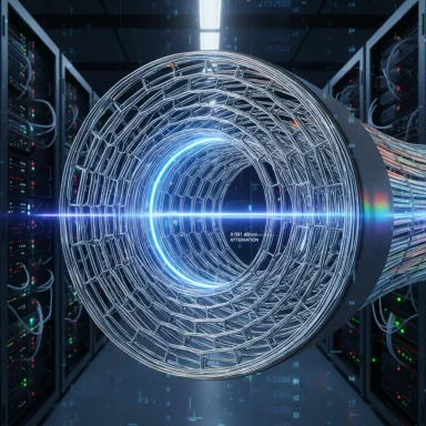 A futuristic circular wireframe data tunnel glowing blue inside a server room.