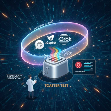 Futuristic infographic: a toaster conducts an AI copy test with governance and independent verification. Futuristic infographic: a toaster conducts an AI copy test with governance and independent verification.