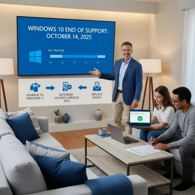 A presenter explains Windows 10 end of support (Oct 14, 2025) to two colleagues in a modern living room.