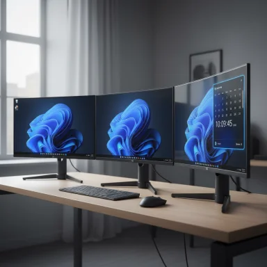 Three curved monitors on a wooden desk display blue abstract wallpaper, with a keyboard and mouse.