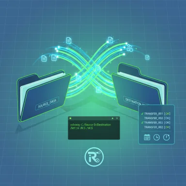 Futuristic data transfer between source and destination folders with glowing streams.