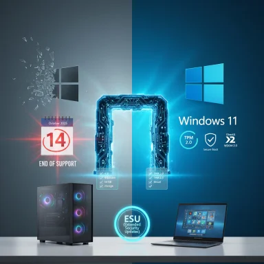 Split-screen Windows ad showing Windows 10 end of support on Oct 14, 2025 beside Windows 11 features. Split-screen Windows ad showing Windows 10 end of support on Oct 14, 2025 beside Windows 11 features.