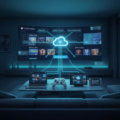 A futuristic living room cloud-gaming setup with a wall-sized screen connected to laptops and consoles.