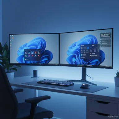 Dual-monitor computer setup with blue wallpaper, keyboard, and mouse on a clean white desk.
