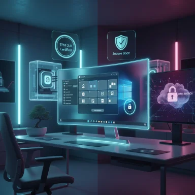 Futuristic desk with holographic security interfaces and neon-lit monitors.