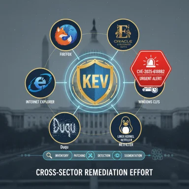 A KEV shield hub connects major software logos for a cross-sector remediation effort.