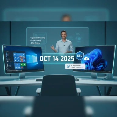 A presenter explains a holographic display showing Oct 14, 2025 between two monitors.