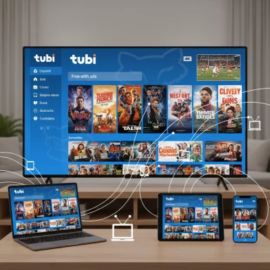 A TV and several devices stream Tubi on a blue interface in a living room.