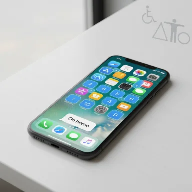 An iPhone on a white desk displaying a full app grid with a “Go home” message.