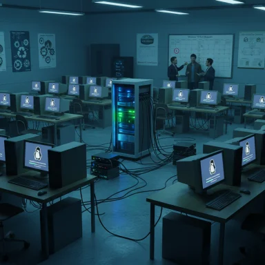 A computer lab with rows of monitors and a central server rack glowing under blue lighting.