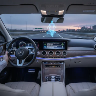 A luxury car interior featuring a blue holographic figure projected on the windshield. A luxury car interior featuring a blue holographic figure projected on the windshield.