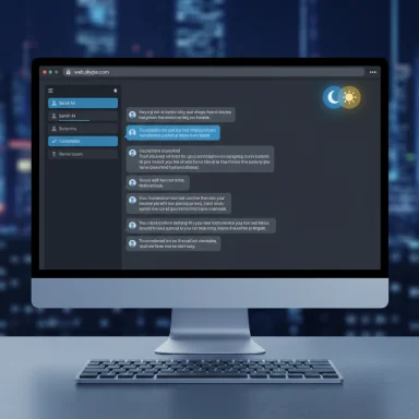 A desktop computer displays a dark-themed chat app with a left contact list and right message bubbles.
