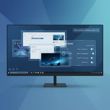 A modern monitor displays floating translucent screens with Focus Assist settings.