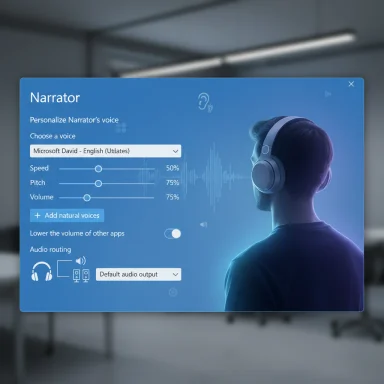 Blue Windows Narrator settings panel with voice options and audio routing.