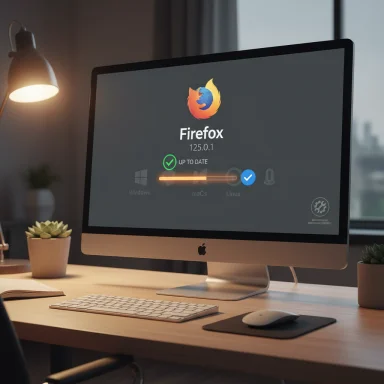 A modern desk setup with an iMac displaying the Firefox update screen and progress bar. A modern desk setup with an iMac displaying the Firefox update screen and progress bar.