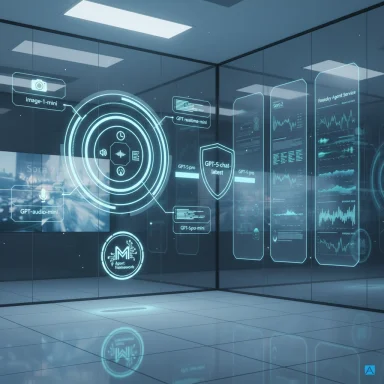 Futuristic glass-walled control room with neon holographic data displays.