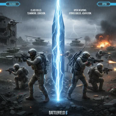 Soldiers fight in a war-torn city around a glowing blue energy beam.