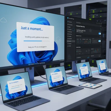 Row of laptops and monitors show Windows update progress in a data center.