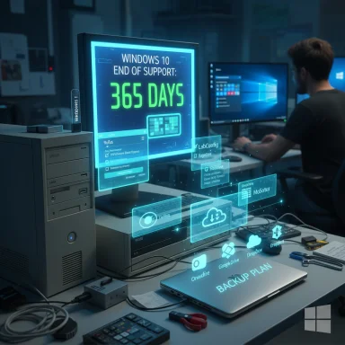 A high-tech workstation shows a Windows 10 end-of-support countdown with holographic backup planning UI.