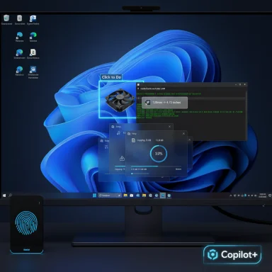 Futuristic desktop with floating windows, a fingerprint device, and Copilot+ branding.