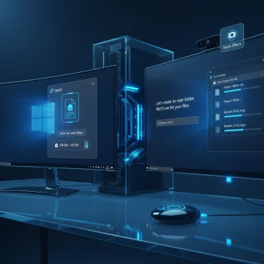 Dual-curved monitors display blue holographic UI beside a glowing PC tower.