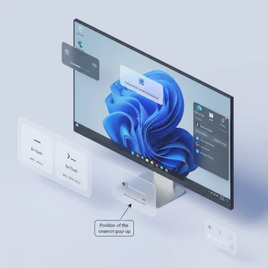 A sleek monitor surrounded by translucent floating UI panels with on-screen controls.