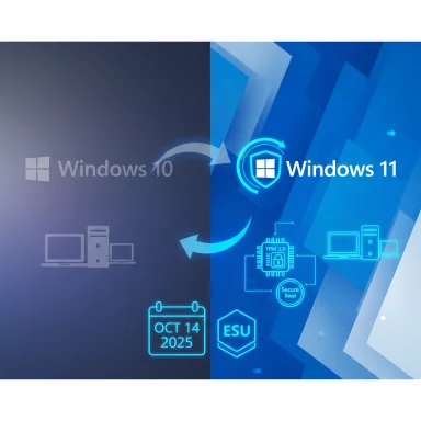 Split-screen illustration of Windows 10 on the left and Windows 11 on the right with security and hardware icons.