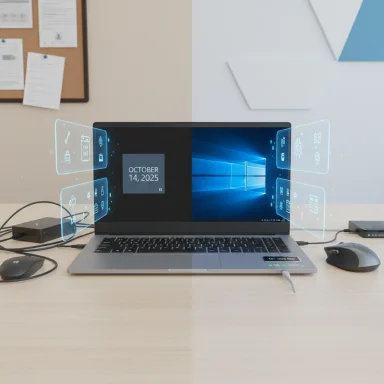 A laptop on a desk with glowing holographic UI overlays around the screen.