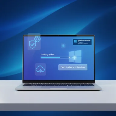 A laptop on a desk shows a Windows update progress screen with an 'Update and Shutdown' option.