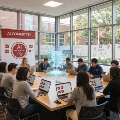 Team of colleagues around a conference table with laptops, a holographic AI brain centerpiece.