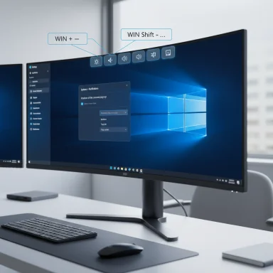 A modern office workstation with a large curved monitor displaying Windows, plus keyboard and mouse.