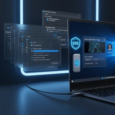 Futuristic workstation with a laptop and multiple floating translucent screens glowing blue.