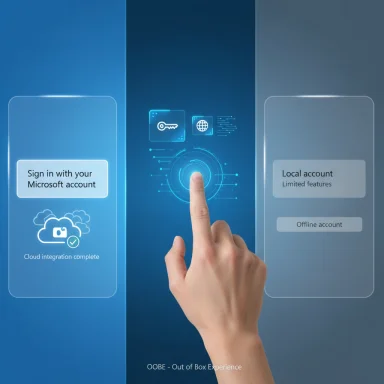 A finger taps a glowing sign-in hub between cloud Microsoft account and local account panels. A finger taps a glowing sign-in hub between cloud Microsoft account and local account panels.