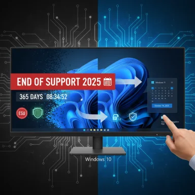 Monitor displays “End of Support 2025” banner for Windows 10 with a calendar reminder and a pointing finger. Monitor displays “End of Support 2025” banner for Windows 10 with a calendar reminder and a pointing finger.
