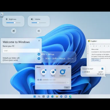 Windows 11 desktop featuring floating widget panels (Brightness, Volume) and Copilot UI.