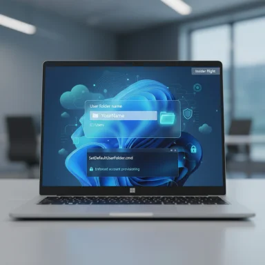 A modern laptop on a desk shows a futuristic login screen with a YourName user folder.