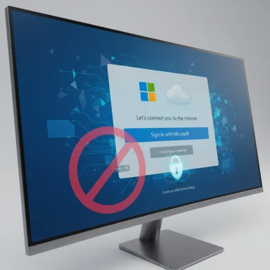 A computer monitor displays a Microsoft sign-in prompt with a large red prohibition symbol. A computer monitor displays a Microsoft sign-in prompt with a large red prohibition symbol.