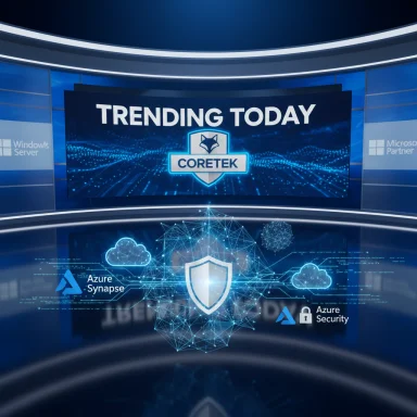Futuristic TV studio displays 'Trending Today' with Coretek logo and Azure cloud security graphics.