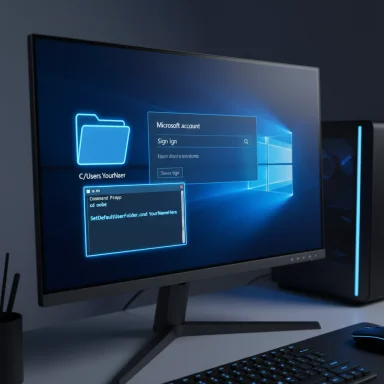 A modern desktop setup with a Windows login screen on a large monitor and a blue-lit PC tower.