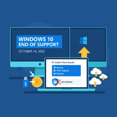 Windows 10 end of support on October 14, 2025, with upgrade prompts and device visuals.