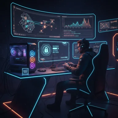A hacker in a neon-lit command center analyzes networks on multiple glowing screens.