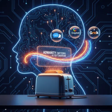 A neon AI-brain hologram rises from a toaster, with ChatGPT, Copilot and Grok logos orbiting.