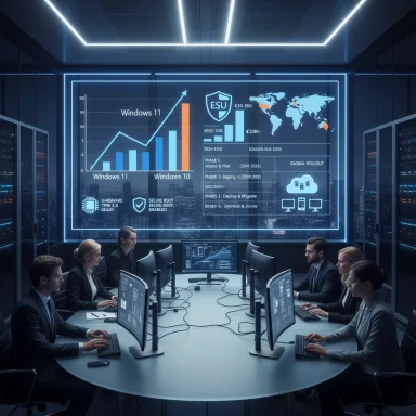 Team analyzes a neon-lit data dashboard with Windows 11 charts in a futuristic command center.