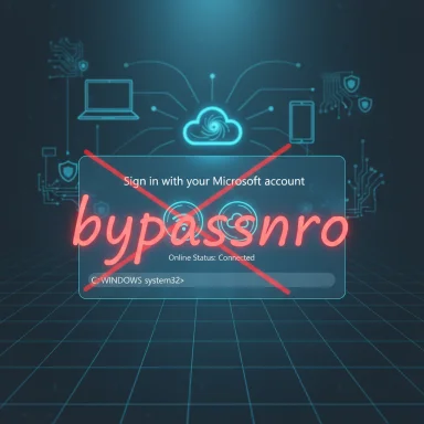 Futuristic Windows login screen with a glowing cloud background and a red 'bypass' watermark crossed out.