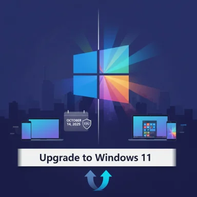 Promotional graphic announcing the upgrade to Windows 11 with devices and the date October 14, 2025.